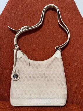 Vintage Dooney & Bourke DB Monogram Cream Canvas Leather Hobo Crossbody Y2K